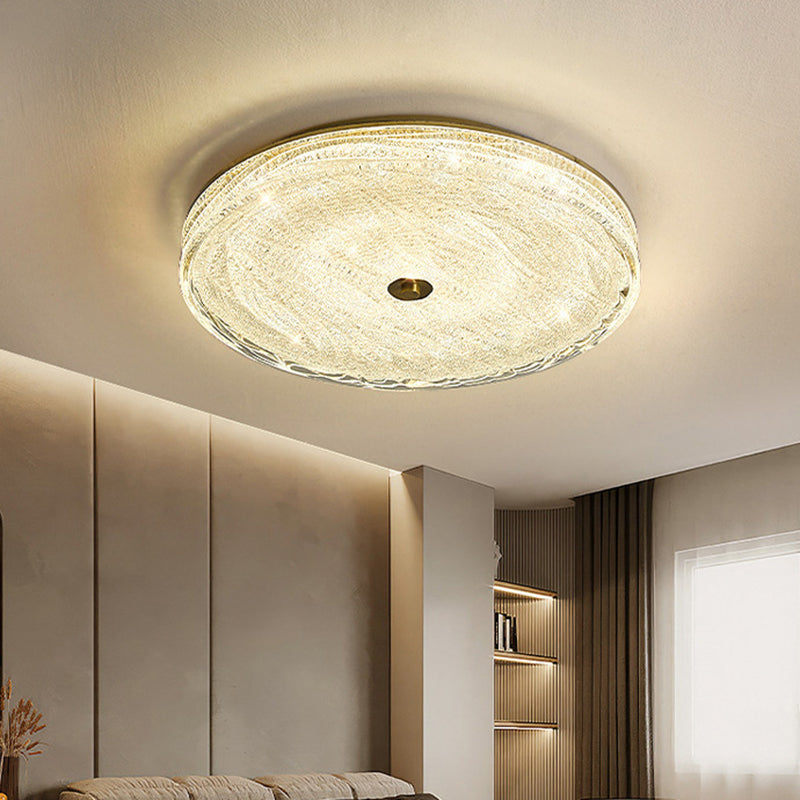 Contemporary Scandinavian Copper Stainless Steel Crystal Sand Round Cylinder LED Flush Mount Ceiling Light For Bedroom