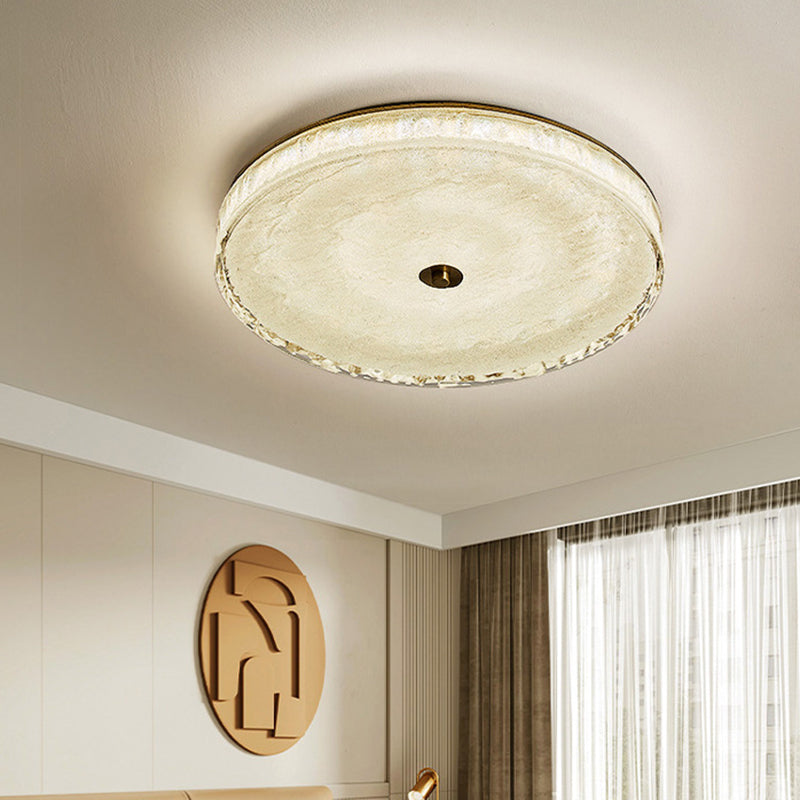 Contemporary Scandinavian Copper Stainless Steel Crystal Sand Round Cylinder LED Flush Mount Ceiling Light For Bedroom