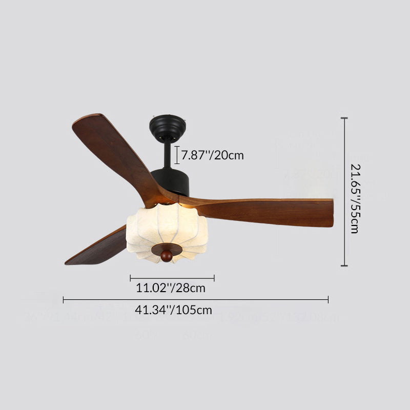 Traditional Vintage Solid Wood Metal Fabric Pleated Round LED Semi-Flush Mount Ceiling Fan Light For Living Room