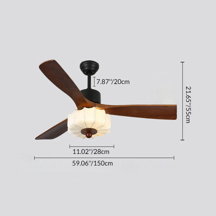 Traditional Vintage Solid Wood Metal Fabric Pleated Round LED Semi-Flush Mount Ceiling Fan Light For Living Room