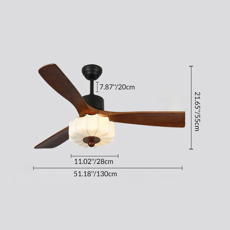 Traditional Vintage Solid Wood Metal Fabric Pleated Round LED Semi-Flush Mount Ceiling Fan Light For Living Room