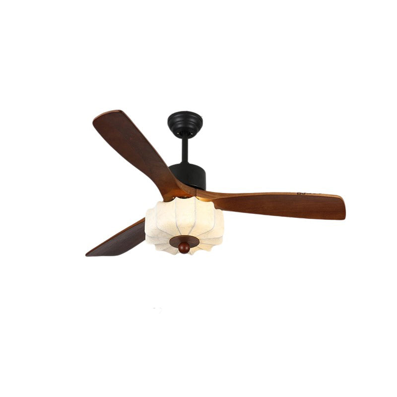 Traditional Vintage Solid Wood Metal Fabric Pleated Round LED Semi-Flush Mount Ceiling Fan Light For Living Room