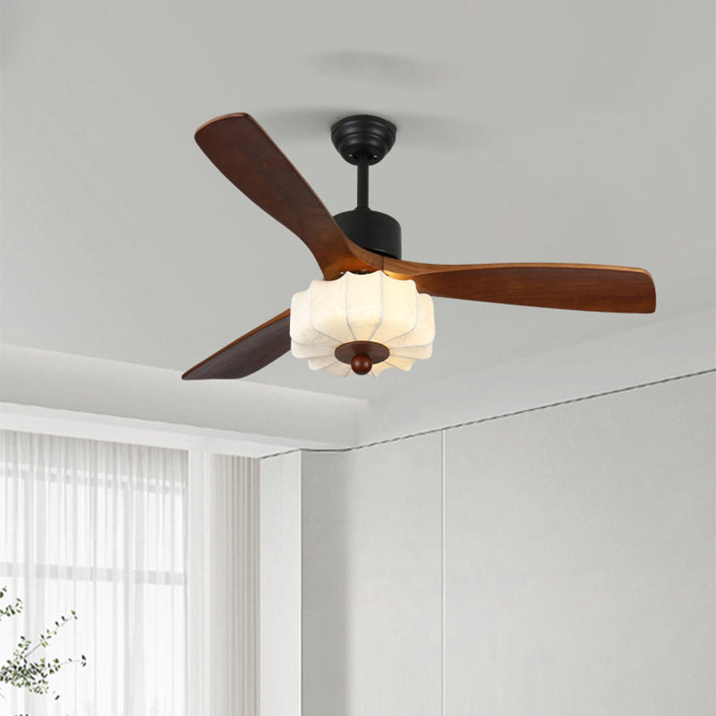 Traditional Vintage Solid Wood Metal Fabric Pleated Round LED Semi-Flush Mount Ceiling Fan Light For Living Room