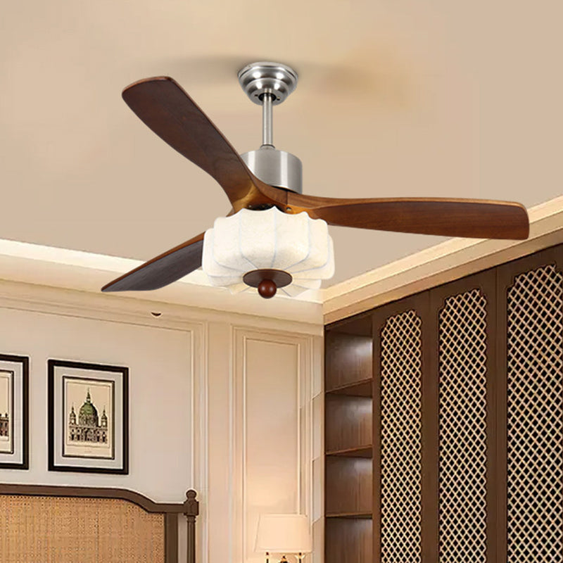 Traditional Vintage Solid Wood Metal Fabric Pleated Round LED Semi-Flush Mount Ceiling Fan Light For Living Room
