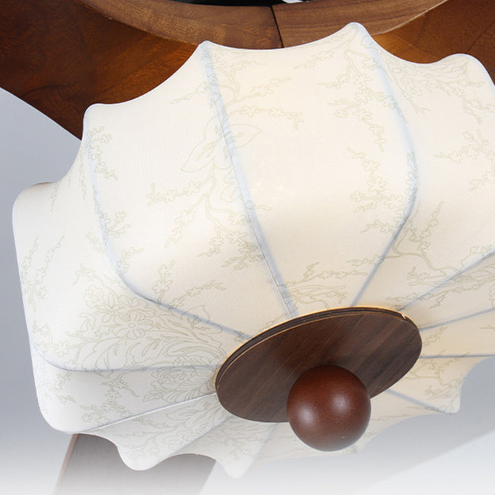 Traditional Vintage Solid Wood Metal Fabric Pleated Round LED Semi-Flush Mount Ceiling Fan Light For Living Room