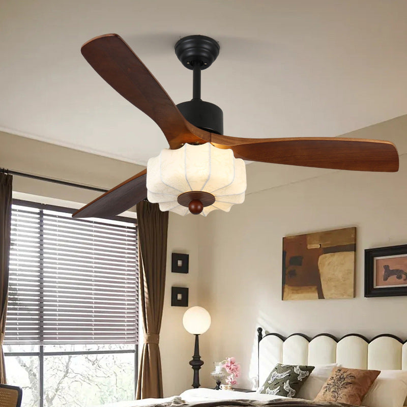 Traditional Vintage Solid Wood Metal Fabric Pleated Round LED Semi-Flush Mount Ceiling Fan Light For Living Room