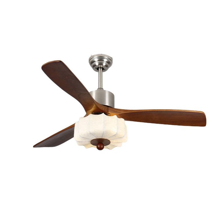 Traditional Vintage Solid Wood Metal Fabric Pleated Round LED Semi-Flush Mount Ceiling Fan Light For Living Room