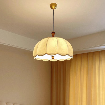 Traditional French Brass Ash Wood Fabric Wavy Round 3/5-Light Chandelier For Living Room