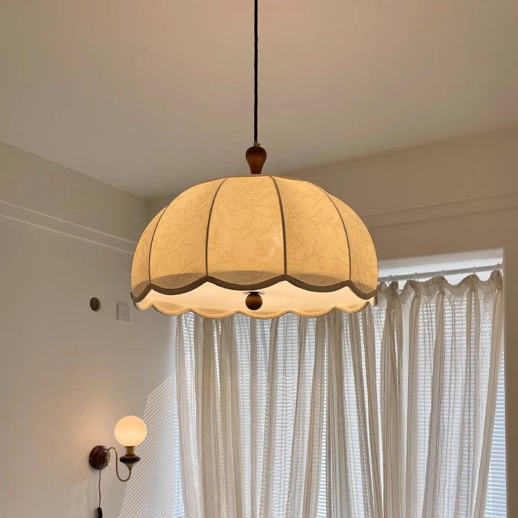 Traditional French Brass Ash Wood Fabric Wavy Round 3/5-Light Chandelier For Living Room