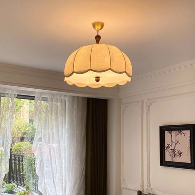 Traditional French Brass Ash Wood Fabric Wavy Round 3/5-Light Chandelier For Living Room