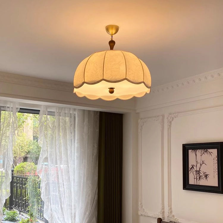 Traditional French Brass Ash Wood Fabric Wavy Round 3/5-Light Chandelier For Living Room