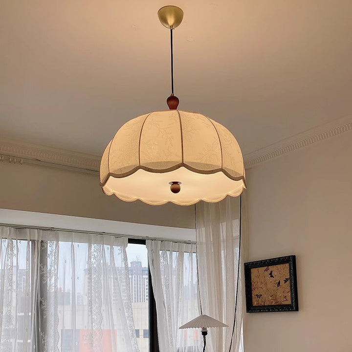 Traditional French Brass Ash Wood Fabric Wavy Round 3/5-Light Chandelier For Living Room