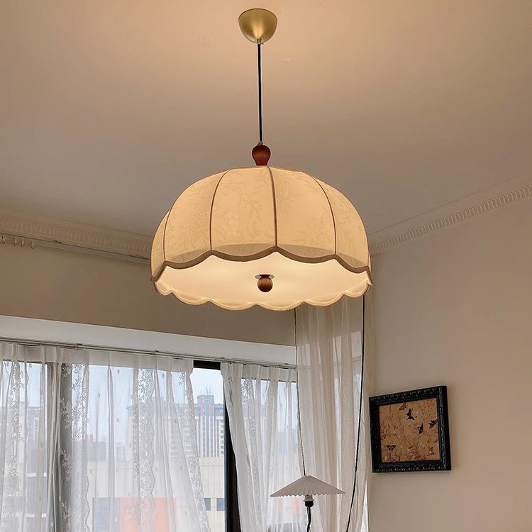 Traditional French Brass Ash Wood Fabric Wavy Round 3/5-Light Chandelier For Living Room