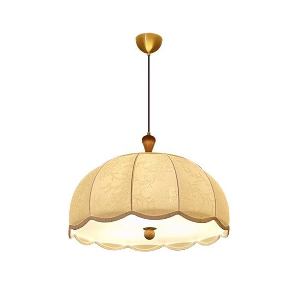 Traditional French Brass Ash Wood Fabric Wavy Round 3/5-Light Chandelier For Living Room