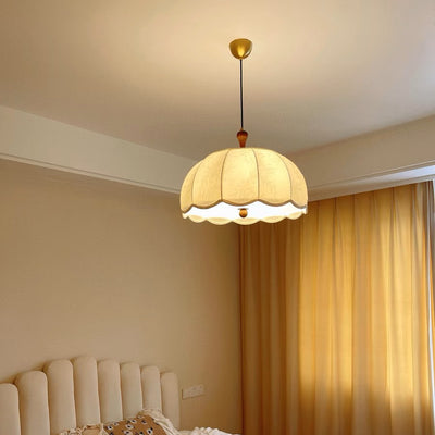 Traditional French Brass Ash Wood Fabric Wavy Round 3/5-Light Chandelier For Living Room