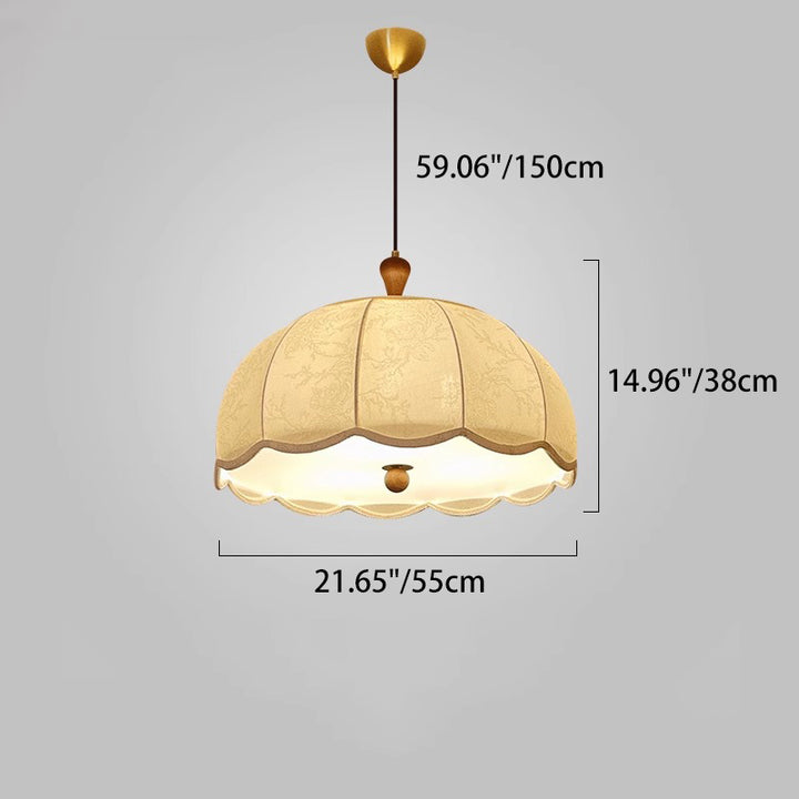 Traditional French Brass Ash Wood Fabric Wavy Round 3/5-Light Chandelier For Living Room