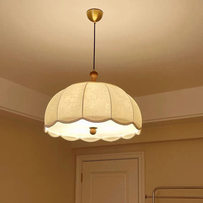 Traditional French Brass Ash Wood Fabric Wavy Round 3/5-Light Chandelier For Living Room