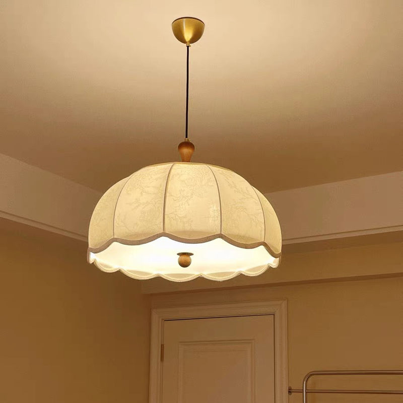 Traditional French Brass Ash Wood Fabric Wavy Round 3/5-Light Chandelier For Living Room
