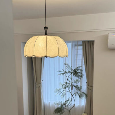 Traditional French Brass Ash Wood Fabric Wavy Round 3/5-Light Chandelier For Living Room