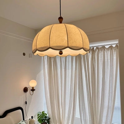 Traditional French Brass Ash Wood Fabric Wavy Round 3/5-Light Chandelier For Living Room