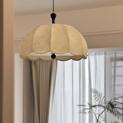 Traditional French Brass Ash Wood Fabric Wavy Round 3/5-Light Chandelier For Living Room