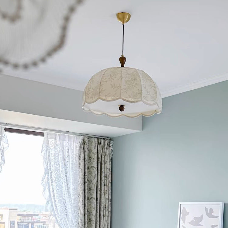Traditional French Brass Ash Wood Fabric Wavy Round 3/5-Light Chandelier For Living Room