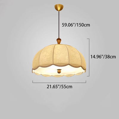 Traditional French Brass Ash Wood Fabric Wavy Round 3/5-Light Chandelier For Living Room