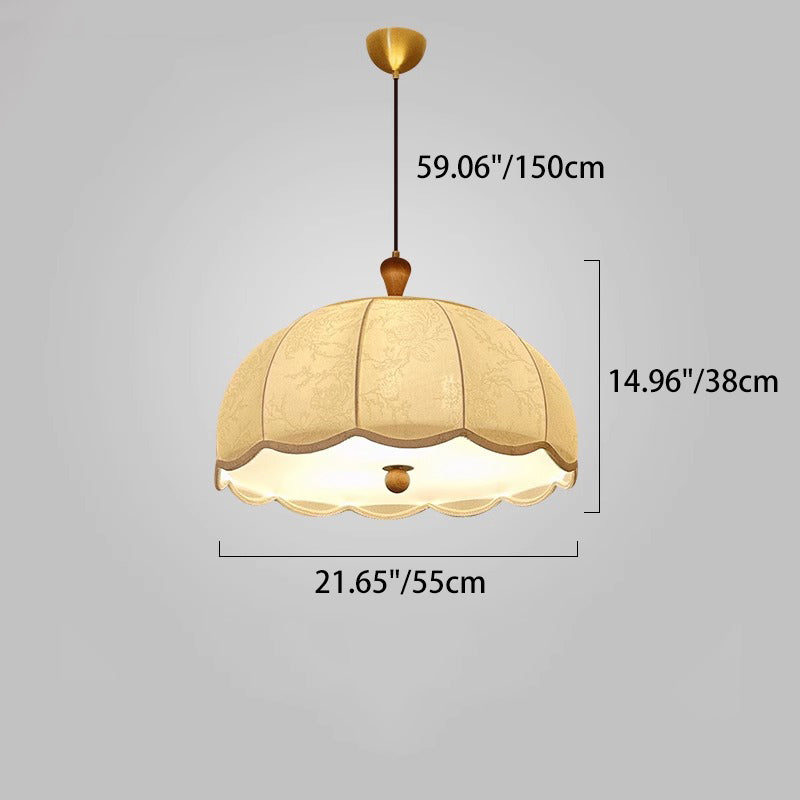 Traditional French Brass Ash Wood Fabric Wavy Round 3/5-Light Chandelier For Living Room