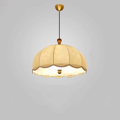 Traditional French Brass Ash Wood Fabric Wavy Round 3/5-Light Chandelier For Living Room