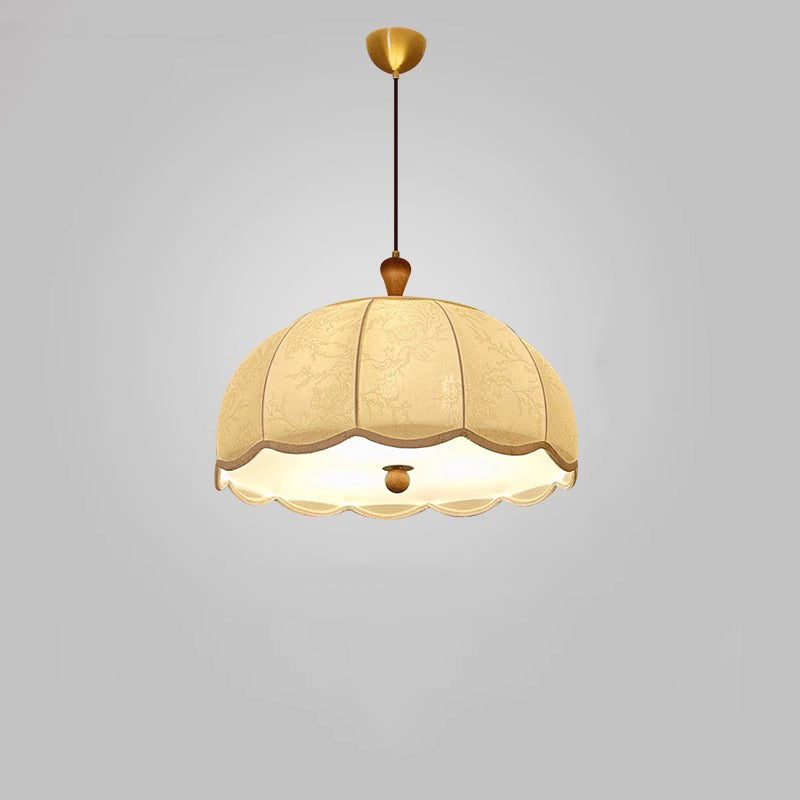 Traditional French Brass Ash Wood Fabric Wavy Round 3/5-Light Chandelier For Living Room