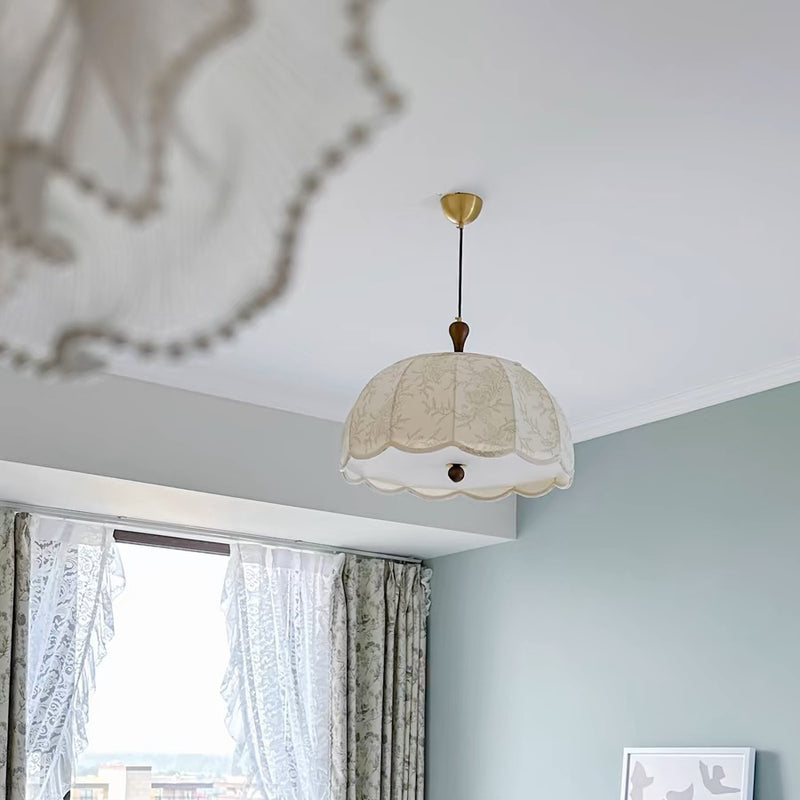Traditional French Brass Ash Wood Fabric Wavy Round 3/5-Light Chandelier For Living Room
