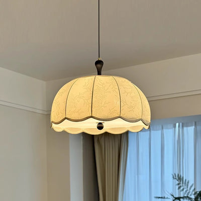 Traditional French Brass Ash Wood Fabric Wavy Round 3/5-Light Chandelier For Living Room