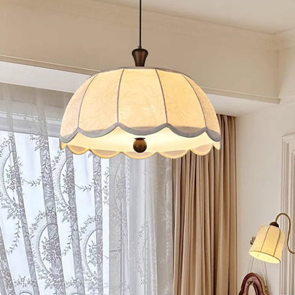 Traditional French Brass Ash Wood Fabric Wavy Round 3/5-Light Chandelier For Living Room