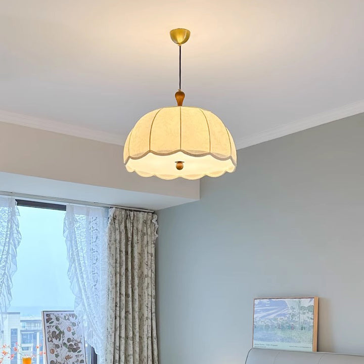 Traditional French Brass Ash Wood Fabric Wavy Round 3/5-Light Chandelier For Living Room