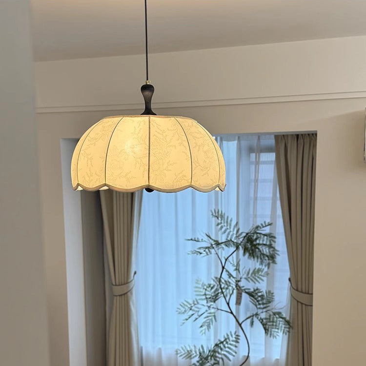Traditional French Brass Ash Wood Fabric Wavy Round 3/5-Light Chandelier For Living Room