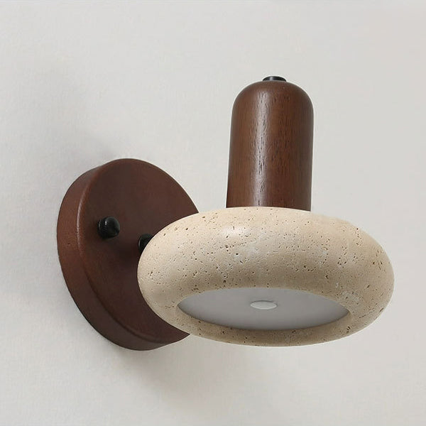 Traditional Chinese Yellow Travertine Solid Wood Oval Cylindrical LED Wall Sconce Lamp For Living Room