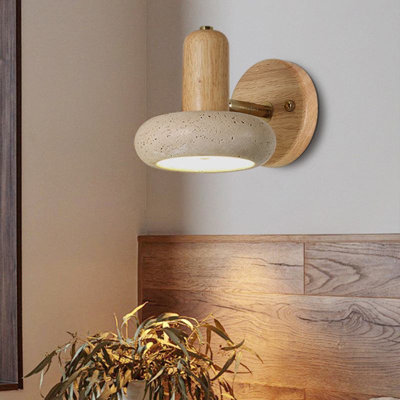 Traditional Chinese Yellow Travertine Solid Wood Oval Cylindrical LED Wall Sconce Lamp For Living Room
