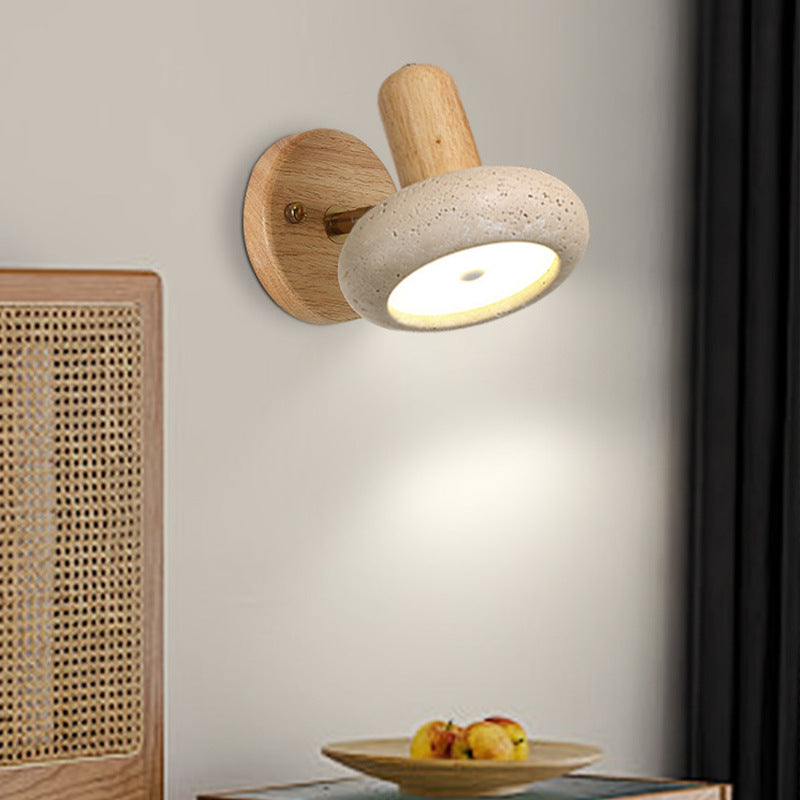 Traditional Chinese Yellow Travertine Solid Wood Oval Cylindrical LED Wall Sconce Lamp For Living Room