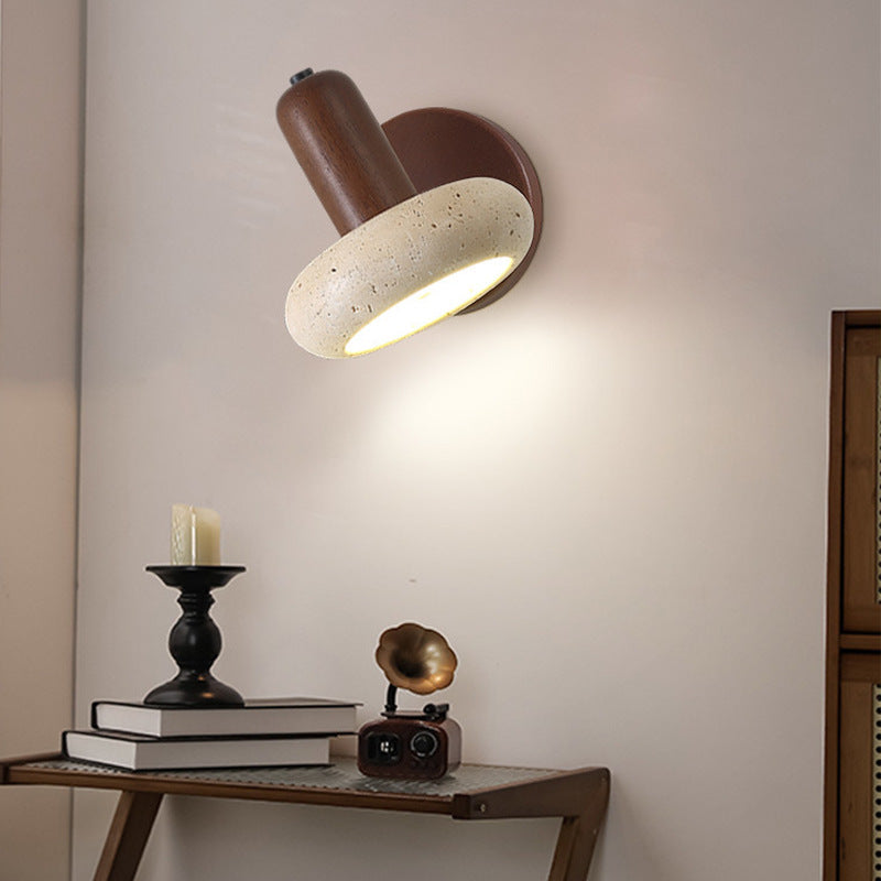 Traditional Chinese Yellow Travertine Solid Wood Oval Cylindrical LED Wall Sconce Lamp For Living Room