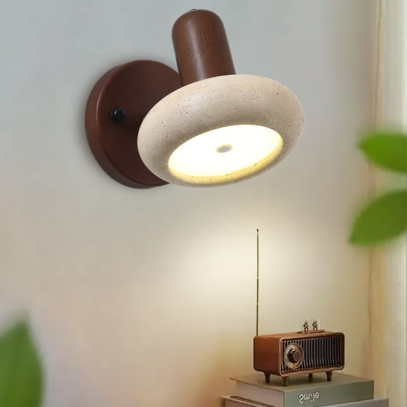Traditional Chinese Yellow Travertine Solid Wood Oval Cylindrical LED Wall Sconce Lamp For Living Room