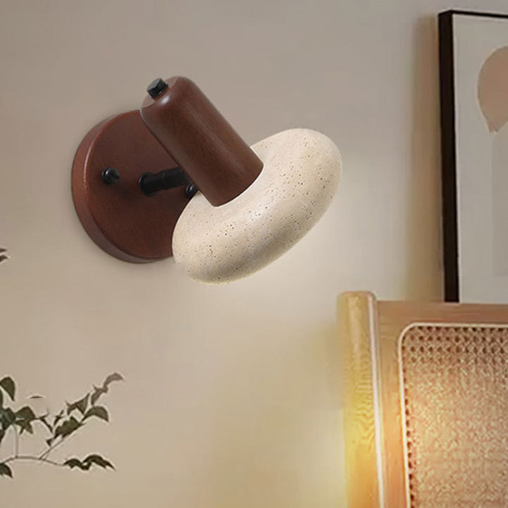 Traditional Chinese Yellow Travertine Solid Wood Oval Cylindrical LED Wall Sconce Lamp For Living Room
