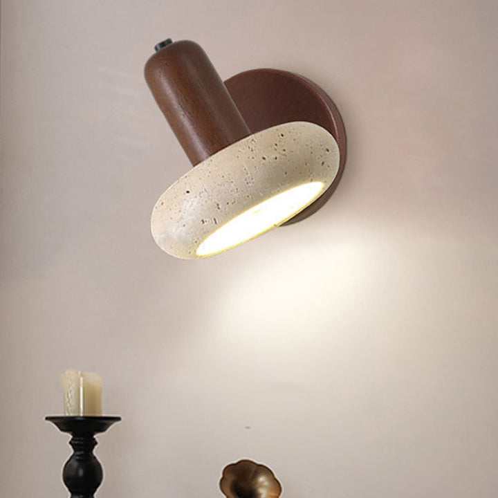 Traditional Chinese Yellow Travertine Solid Wood Oval Cylindrical LED Wall Sconce Lamp For Living Room