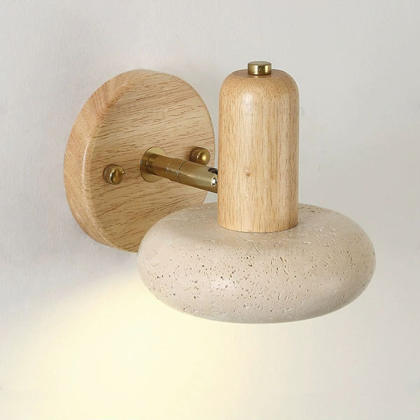 Traditional Chinese Yellow Travertine Solid Wood Oval Cylindrical LED Wall Sconce Lamp For Living Room