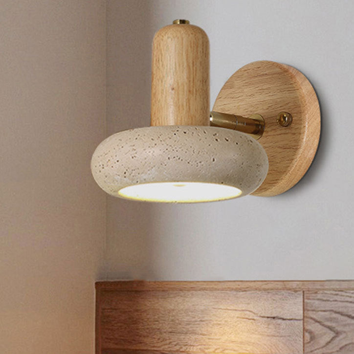 Traditional Chinese Yellow Travertine Solid Wood Oval Cylindrical LED Wall Sconce Lamp For Living Room