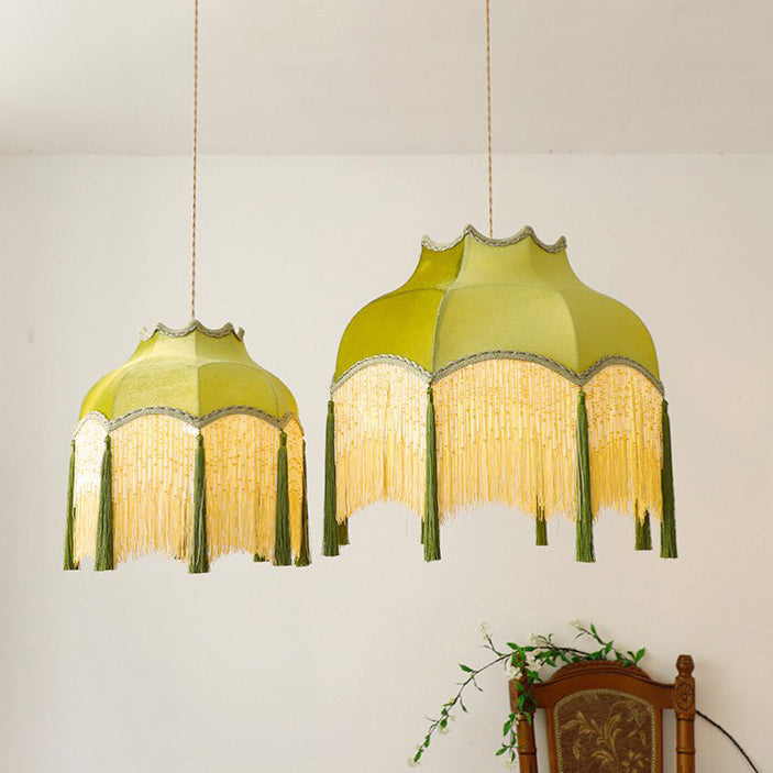 Traditional Vintage Brass Fabric Tassel Round 1/3-Light Chandelier For Living Room