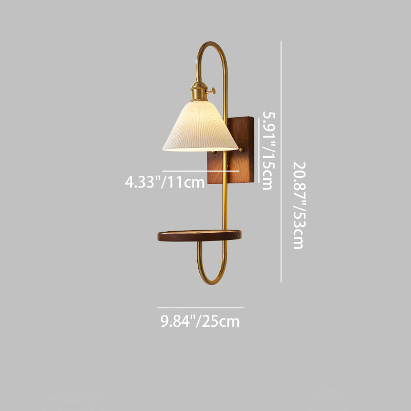 Traditional Chinese Ceramic Glass Walnut Wood Iron Rectangular Conical Curved 1-Light Wall Sconce Lamp For Living Room