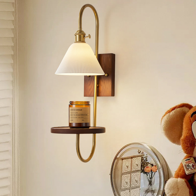 Traditional Chinese Ceramic Glass Walnut Wood Iron Rectangular Conical Curved 1-Light Wall Sconce Lamp For Living Room
