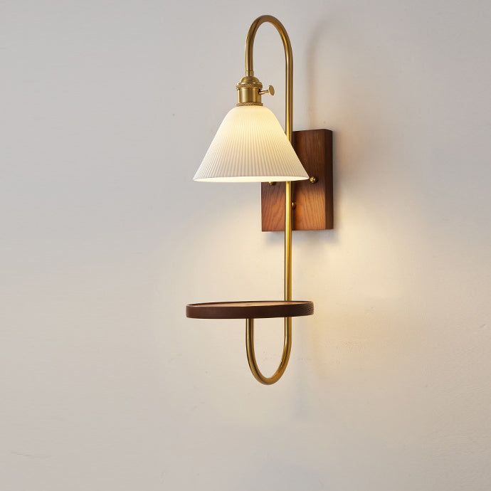 Traditional Chinese Ceramic Glass Walnut Wood Iron Rectangular Conical Curved 1-Light Wall Sconce Lamp For Living Room