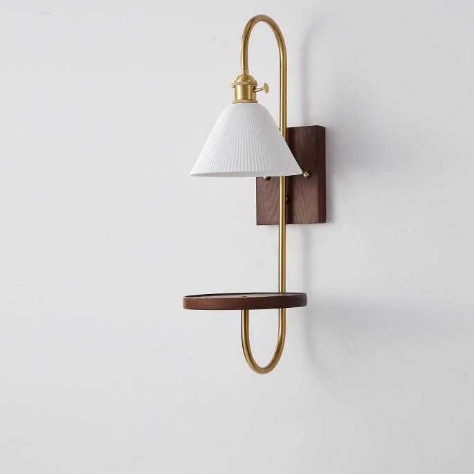 Traditional Chinese Ceramic Glass Walnut Wood Iron Rectangular Conical Curved 1-Light Wall Sconce Lamp For Living Room
