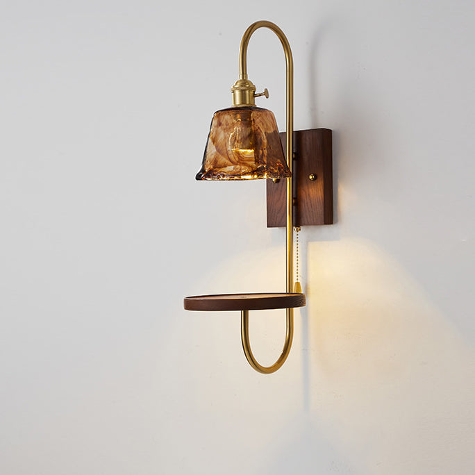 Traditional Chinese Ceramic Glass Walnut Wood Iron Rectangular Conical Curved 1-Light Wall Sconce Lamp For Living Room